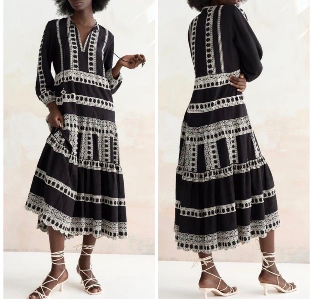 Zara Embroidered Boho Tiered Midi Dress Black Size Medium